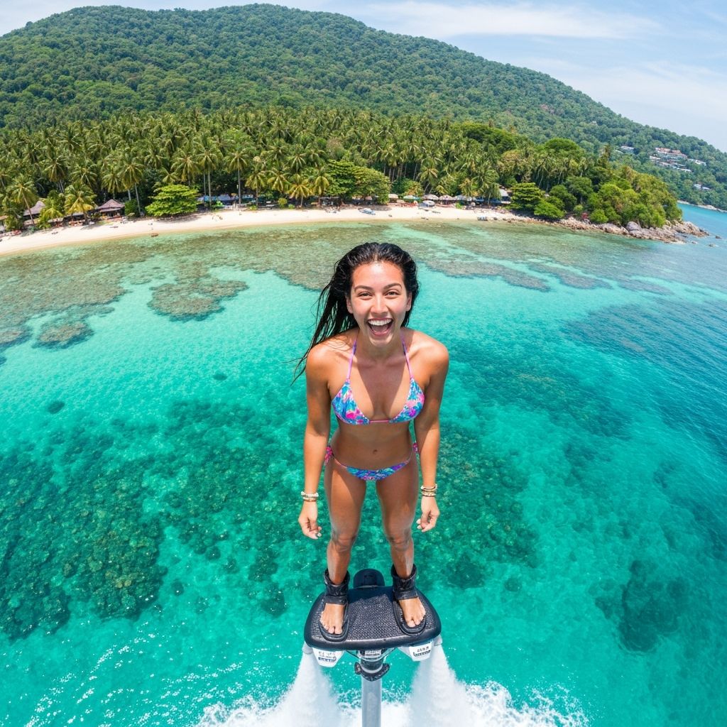 Happy person flying on flyboard
