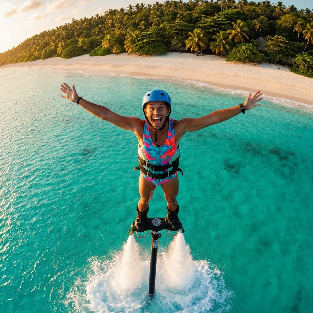 Joyful flyboarder flying above ocean